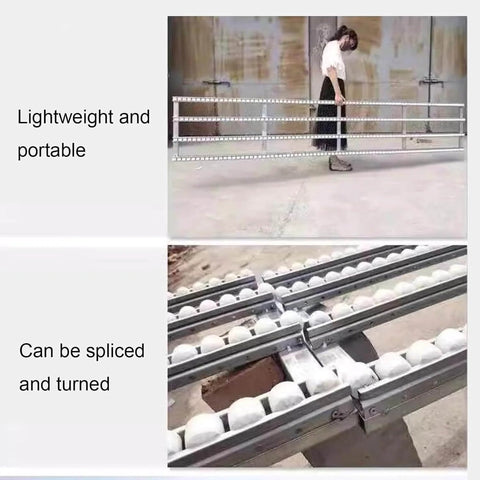 Light Duty Gravity Conveyor Slides With ABS Plastic Roller System And Stainless Steel Frame shown lightweight and spliced, 200 cm long