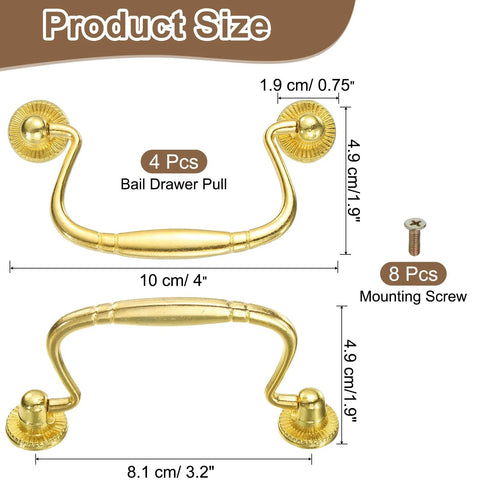 Bail Drawer Pull Handles 4 Pack 4 Inch Length 81mm Hole Centers Zinc Alloy Electroplated Light Gold Finish Rust Resistant