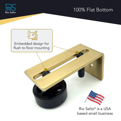Metal Gold Barn Door Floor Guide Hardware With Light Gold Finish shown with adjustable sliding roller track stay guide for wall mount or floor mount