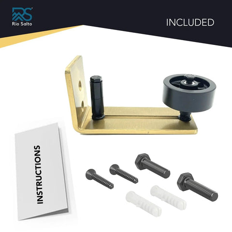 Metal Gold Barn Door Floor Guide Hardware With Light Gold Finish, roller, screws, and instructions visible on white background