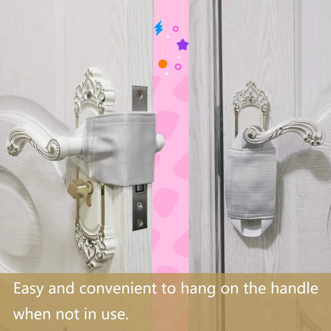 Door Silencer Kit With Baby Proof Latch Covers And Soft Close Cushions That Stops Slams And Accidental Locking, installed on door handle.
