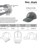 Size display of washed distressed baseball cap for women with adjustable strap, light grey, ideal for casual outings and gym.