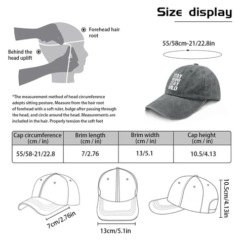 Size display of washed distressed baseball cap for women with adjustable strap, light grey, ideal for casual outings and gym.