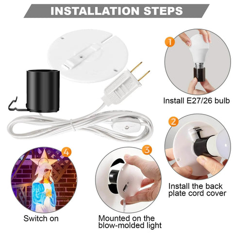 Installation steps for 4 Pack Blow Mold Light Kit Replacements With On Off Switch Cords For E27 E26 Bulbs 5 Foot Length Fuse Plug
