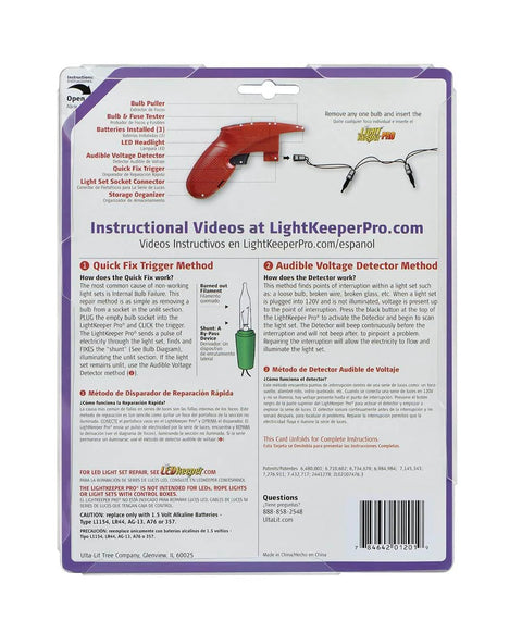 Back packaging of Quick Fix Incandescent Christmas Holiday Light Set Repair Tool | UL Listed (#230566) with instructions.
