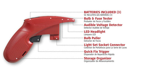 Quick Fix Incandescent Christmas Holiday Light Set Repair Tool | UL Listed (#230566), red tool with features labeled