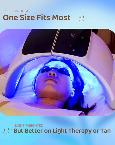 Person under light therapy device wearing Transparent Safety Goggles For Eye Protection With Storage Box 1 Pack