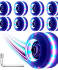 Light Up Roller Skate Wheels 8 Pack With 78A Hardness And Premium ABEC-9 Bearings For Outdoor And Indoor Quad Skates, Illuminating LED Wheel Set For Smooth Rolling, High-Performance Skateboard Accessories, showing colorful LED lights.