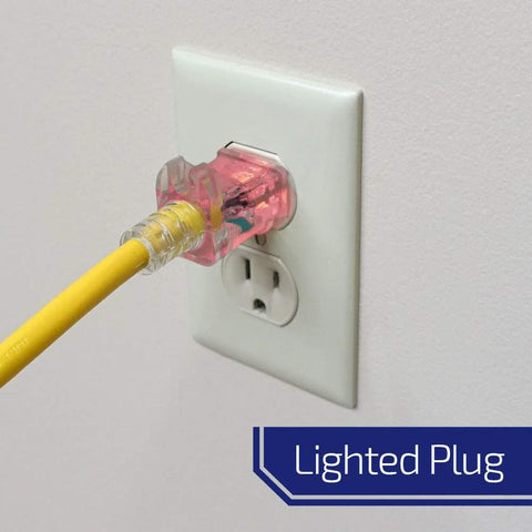 Yellow power cord with lighted plug in wall outlet, highlighting safe electrical connection with visual indicator.