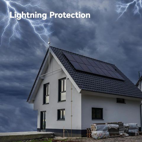 House with solar panels using 8 Foot Copper Bonded Ground Rod Kit With Five Eighths Inch Diameter And Bronze Clamp for lightning protection