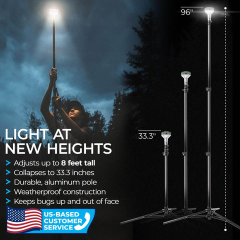 Person using LightRanger 800 Lumen Lantern for Camping and Emergencies, Rechargeable LED Lantern With a Telescoping Four Section Pole Reaches Eight Feet Tall outdoors at night, illustrating height and brightness features.