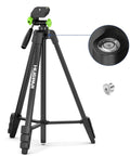 Lightweight 60 inch aluminum tripod for indoor use with a smooth 3-Way pan head, dual bubble levels, and 1/4-20 to 5/8-11 adapters