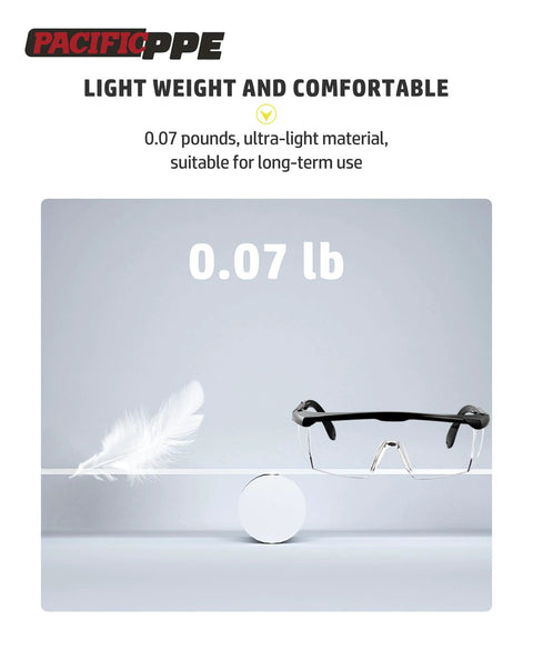 2 Pack Anti Fog Safety Glasses For Men And Women With ANSI Z87 UV Protection shown with 0.07 lb weight comparison