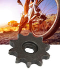 10 Tooth Sprocket Lightweight Carbon Steel Gear For Ordinary Chains 12.5mm Pitch 7mm Thick displayed with a bicycle backdrop