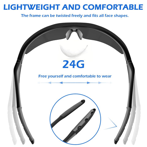 Top view of lightweight 6 Pack Tinted Safety Glasses ANSI Z87.1 UV Block Eye Protection For Men And Women, flexible frame showing 24g weight.