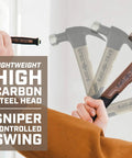 Person holding Fiberglass 20 Oz Hammer With Smooth Face And Curved Claw, Shock Absorbing MOA Grip, Non Conductive Handle Ideal For Electricians, Carpenters, And Contractors, Lightweight Yet Durable Hammer For Woodworking And Remodeling Projects against a wall