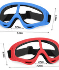 Blue and red protective goggles two pack for Nerf gun battles, lightweight safety glasses with adjustable strap, 7.25 x 3.15 inches.