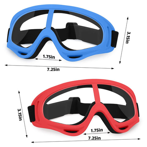 Blue and red protective goggles two pack for Nerf gun battles, lightweight safety glasses with adjustable strap, 7.25 x 3.15 inches.