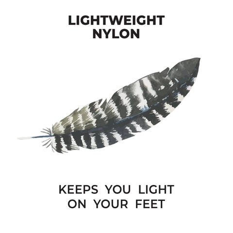 Illustration of a feather with text 'Lightweight Nylon Keeps You Light on Your Feet'