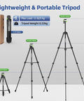Lightweight 60 inch aluminum tripod for indoor use with a smooth 3-Way pan head, dual bubble levels, and height measurements.