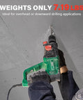 Powerful 1 inch SDS-Plus lightweight rotary hammer drill with a 9 Amp motor in use overhead on concrete ceiling