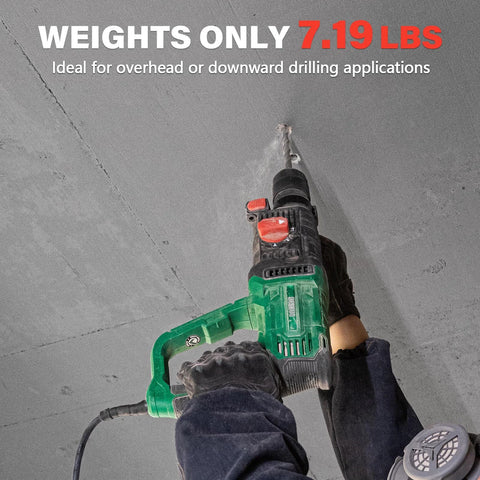 Powerful 1 inch SDS-Plus lightweight rotary hammer drill with a 9 Amp motor in use overhead on concrete ceiling