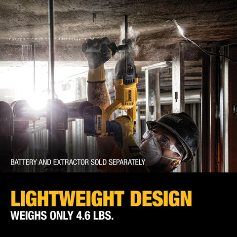 Efficient 20V Max SDS Plus 1 In Rotary Hammer with D-Handle in use on concrete ceiling at job site