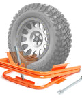 Yellow RV Leveler For Trailers And Campers With Ratchet Wrench Lightweight Tire Leveling System For 12 Inch Wheels shown with tire