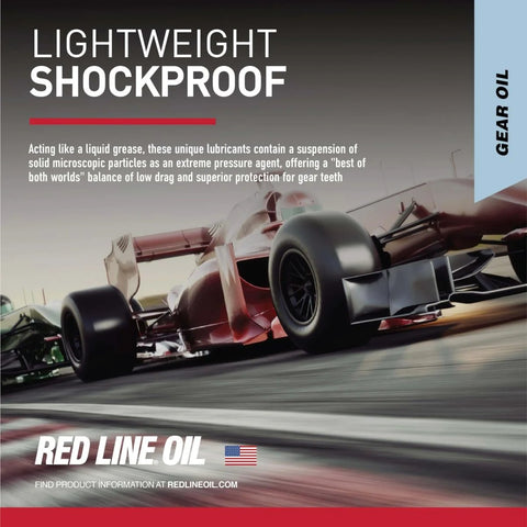 Racing cars on track promoting Red Line Race-Grade Lightweight Shockproof Gear Oil 58404 For Cold Weather Shifting