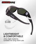 Welding Safety Glasses ANSI Z87 IR Shade 5 Wraparound Lenses UV Protection, lightweight design shown on a scale, pacific PPE brand.