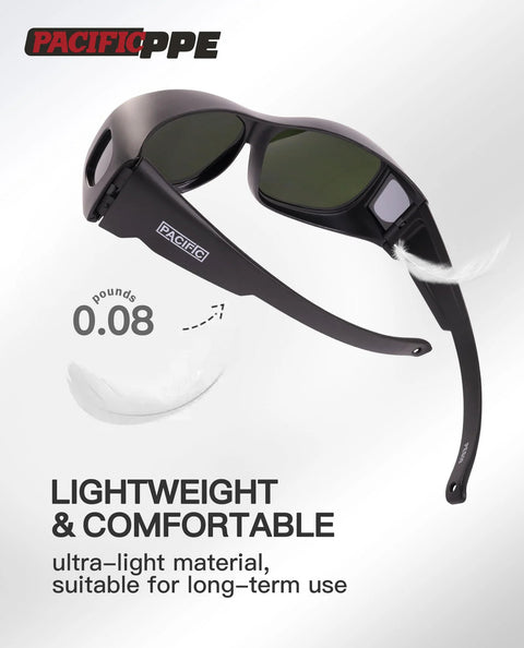 Welding Safety Glasses ANSI Z87 IR Shade 5 Wraparound Lenses UV Protection, lightweight design shown on a scale, pacific PPE brand.
