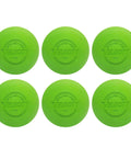 Lime green practice lacrosse balls set of six, made of vulcanized rubber, official size and weight, ideal for training and drills.
