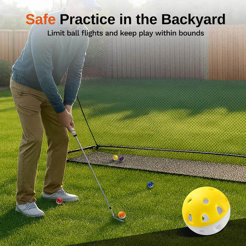 Man using Full Choice Practice Golf Balls (20 Pack), Limited-Flight Training Balls, High Visibility in backyard with net