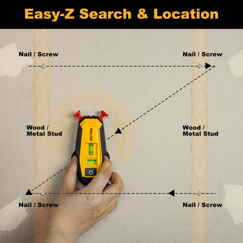 Hand using Compact 2-in-1 Line Laser Level With Magnetic Stud Finder on drywall, showing nail and stud locations for easy alignment.