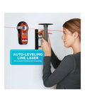 Two in one line laser with auto leveling and stud finder delivers precise wall hanging for frames, shelves, and decor