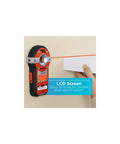 Two in one line laser with auto leveling and stud finder in use on a wall, showing precise wall hanging alignment for frames and decor.
