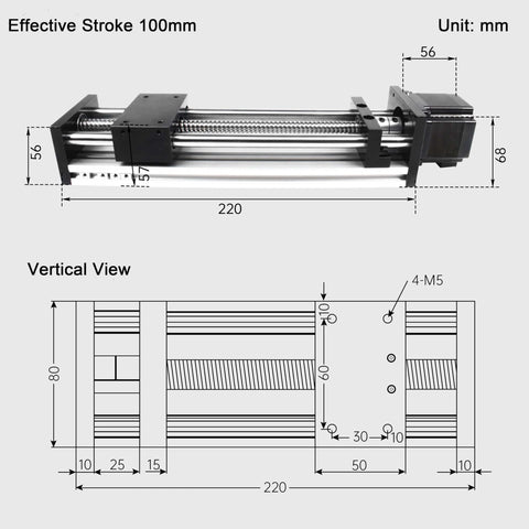 Linear Motion Stage Actuator, CNC Linear Motion Rail Guide with Nema23 Stepper Motor,Slide Rail 1605 Ball Screw Double Optical Axis Linear,Effective Stroke:100mm, product diagram with measurements.