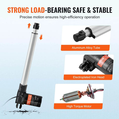 Diagram showing components of Linear Actuator 12V, 12 Inch Heavy Duty 1320lbs/6000N Linear Actuator with aluminum tube, iron head, high torque motor.