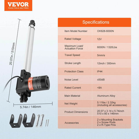 Linear Actuator 12V, 12 Inch Heavy Duty 1320lbs/6000N Linear Actuator with specifications sheet and mounting bracket