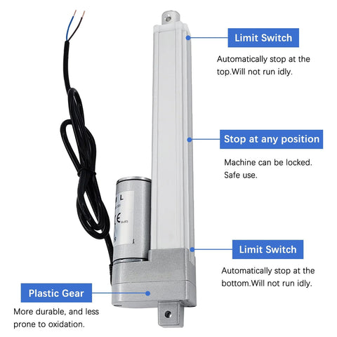 JQDML 2-inch stroke 12V linear actuator with mounting bracket, silver body and black wiring