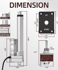 Dimensions of Linear Actuator 12V with Controller 6" 3000N/660lbs Stroke, showing DC motor, limit switch, and gear details.