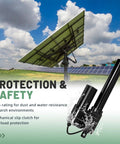 12V heavy-duty linear actuator with IP65 protection near solar panels.