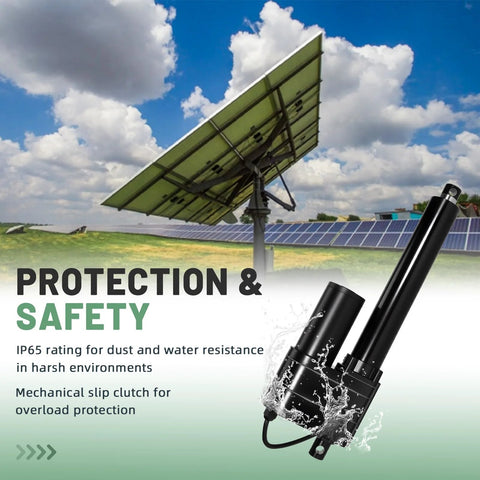 12V heavy-duty linear actuator with IP65 protection near solar panels.