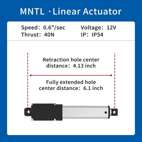 Diagram of compact aluminum linear actuator showcasing stroke distances, speed, thrust, and voltage specifications.