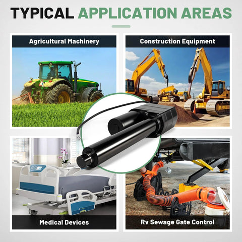 Typical application areas for 12V heavy-duty linear actuator: agriculture, construction, medical devices, and RV gates.