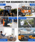 Image showcasing heavy duty 12 inch linear actuator 3000N 675 lbs 12V applications: tractor, snowplow, forklift, auto window, medical bed, dumper trailer.