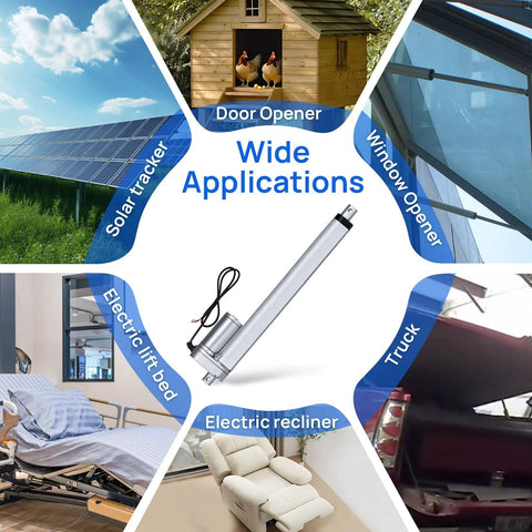 Image showing various applications of powerful 12V heavy duty linear actuator, including door opener and solar tracker.