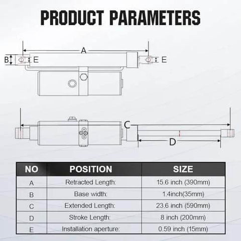 Technical diagram of Workhorse Heavy Duty Hydraulic Linear Actuator With 8000N Push Force 12V DC Motor 12 Inch Stroke IP65 Protection
