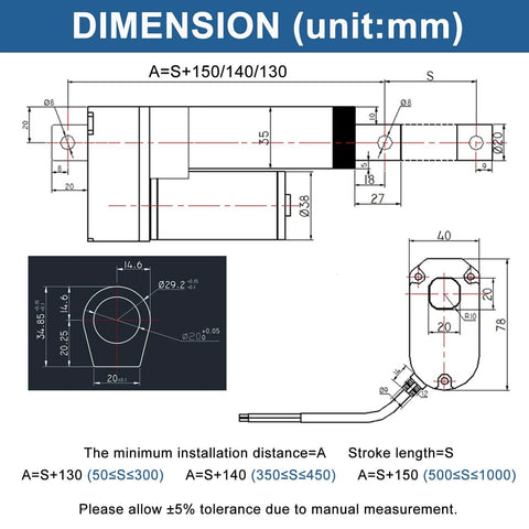 Technical dimensions of 6 Inch 6" Stroke Linear Actuator IP65 Waterproof Heavy Duty 12V 3000N/660lbs Maximum Lift with diagrams.