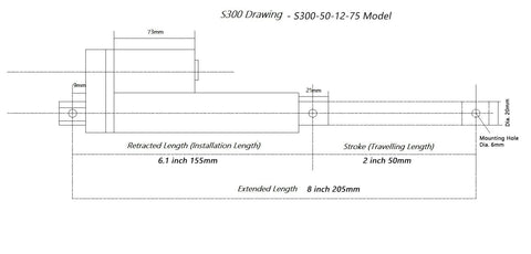 Technical diagram of heavy duty DC linear actuator with 2 inch stroke, showing dimensions and mounting hole details.